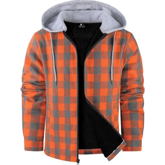 Men's Orange Flannel Fleece Hoodie Plaid Sherpa Lined Jackets Zip Up With Pocket